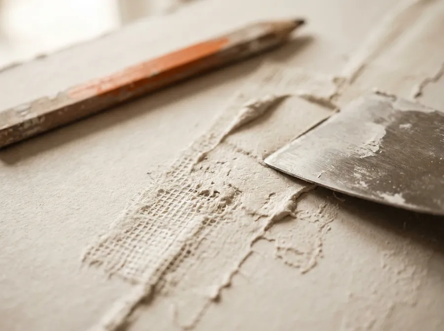 Close-up of a patched drywall seam with tape and a trowel resting against it.