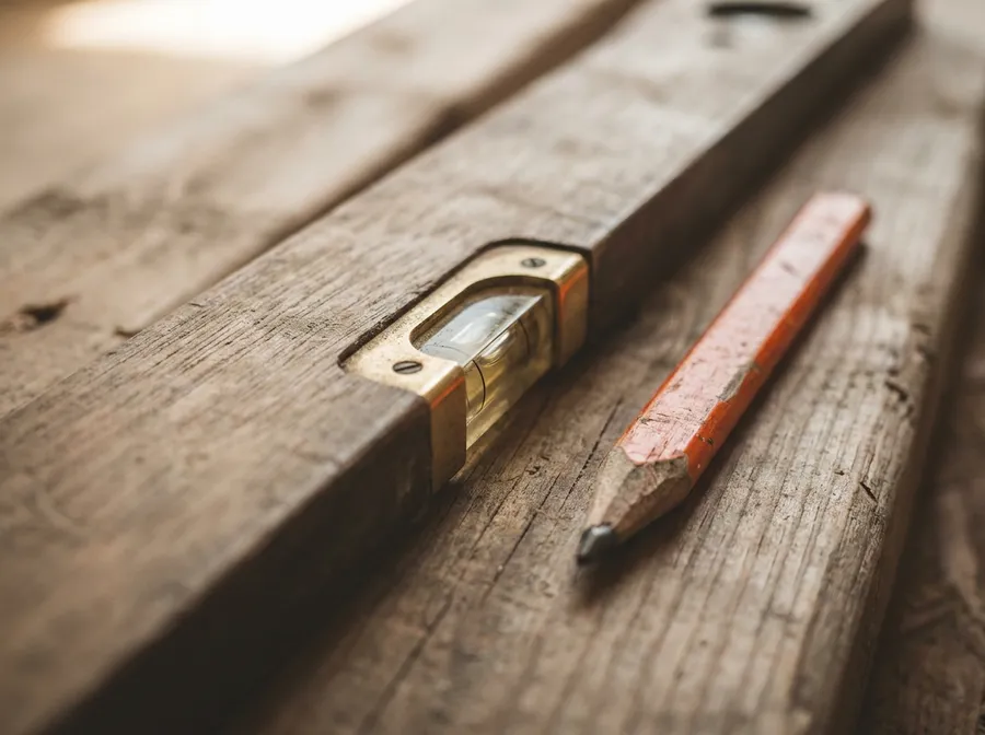 A carpenter's level laid diagonally across a wooden stud, with an orange carpenter's pencil resting beside it.